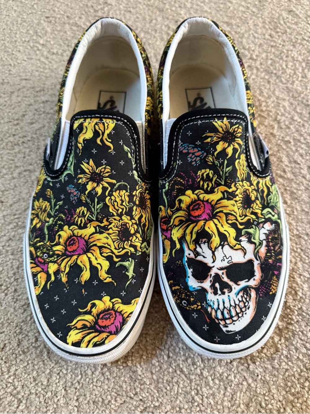 Vans Slip-On Canvas Shoes with Yellow Floral & Skull Print, hard to find